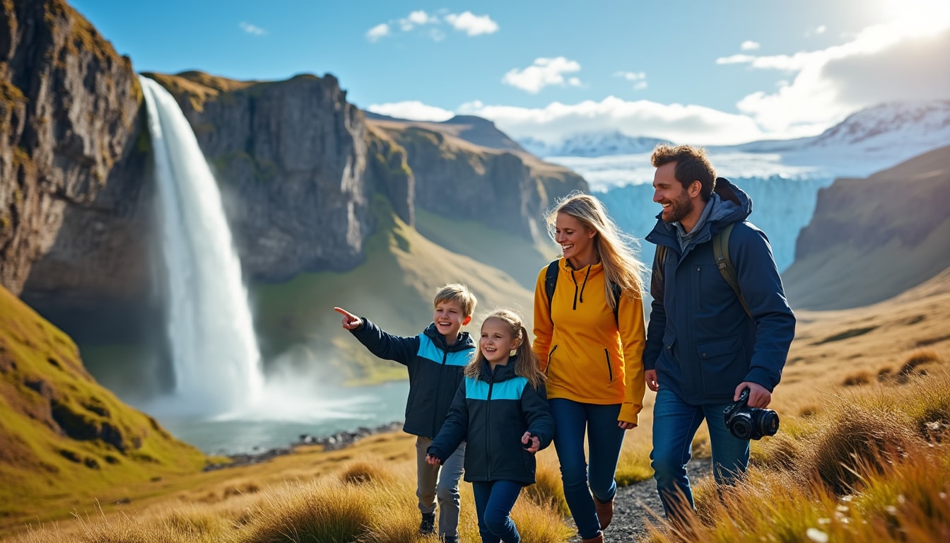 partez pour un inoubliable voyage en famille en islande et explorez les merveilles de cette île nordique. des paysages à couper le souffle, des geysers impressionnants, des cascades majestueuses et une culture riche vous attendent. vivez des moments magiques en famille au cœur de la nature islandaise.